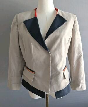 Tahari Size 10 Beige Navy Colorblock Blazer Jacket Orange Trim Career Office